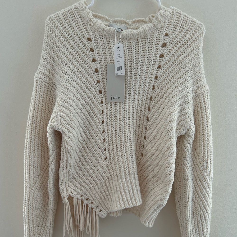 NWT $328 Joie Taelar Sweater Women’s Sz S Cream Open Knit Tassle Fringe Detail